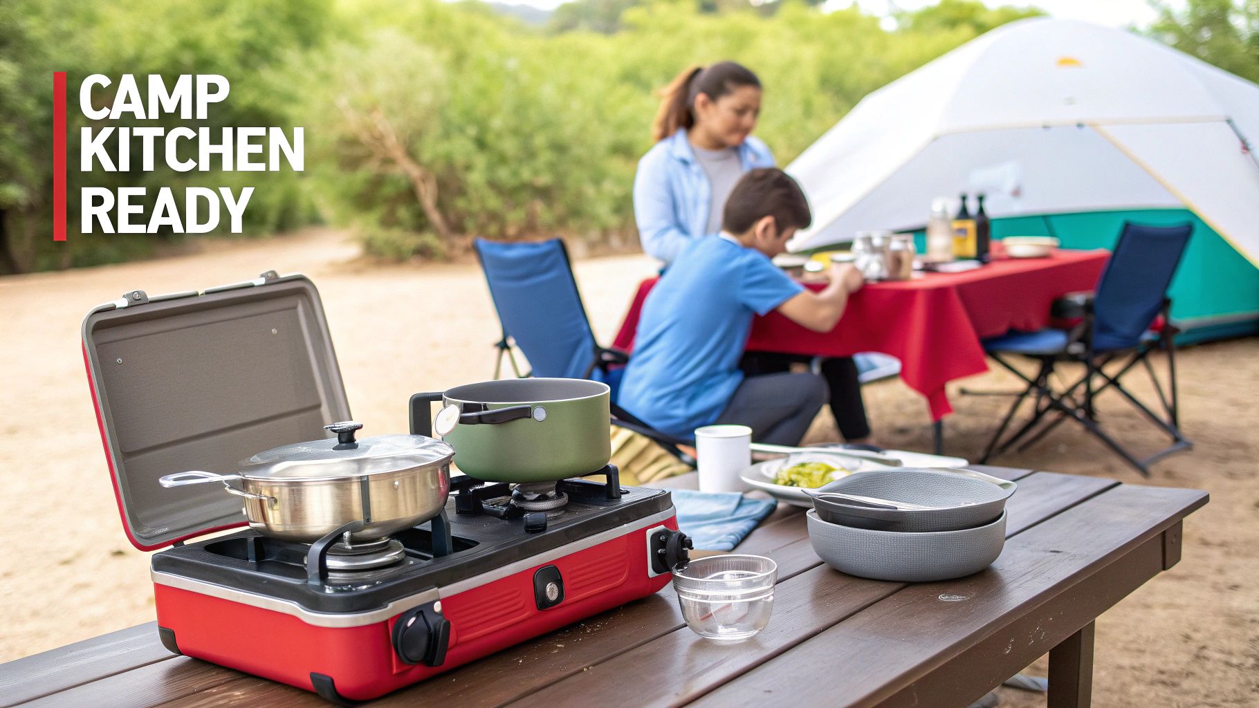 A family prepares food at a campsite with a red portable stove, pots, bowls, and a tent, showcasing a ready camp kitchen.