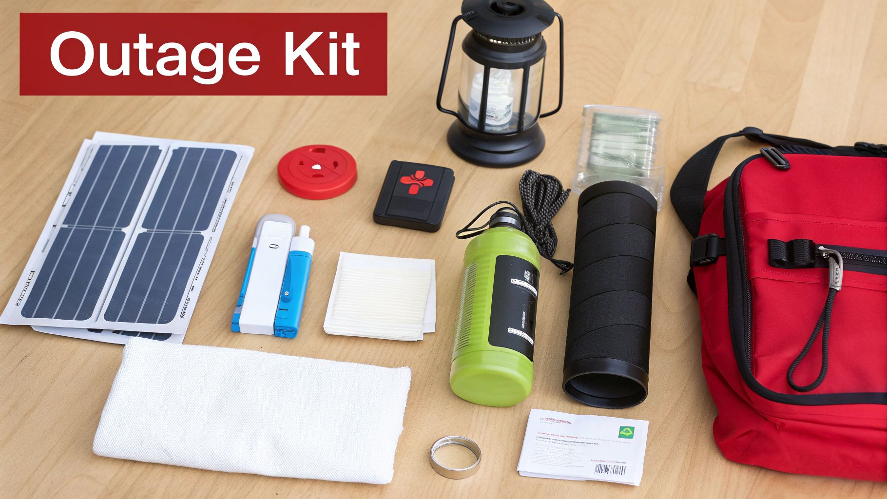 An 'Outage Kit' displayed on a wooden table, featuring emergency supplies like solar panels, a lantern, and a red bag.