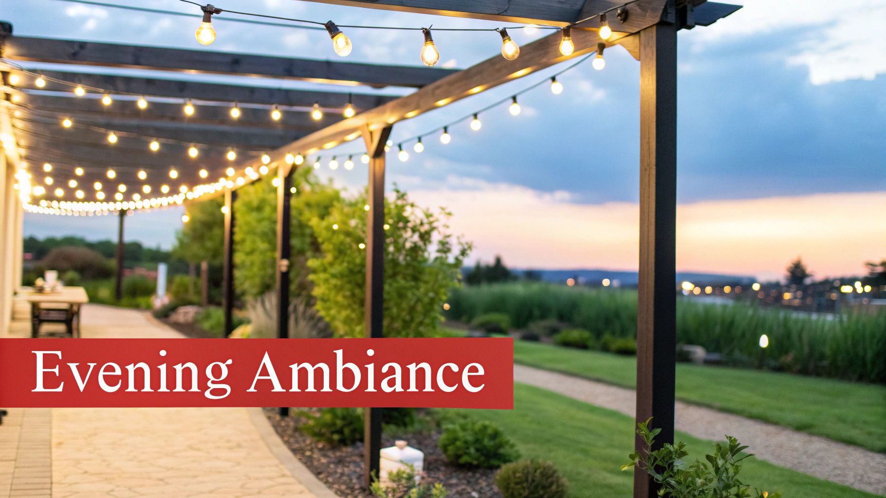An outdoor patio or pergola illuminated by warm string lights at dusk, creating an inviting evening ambiance.