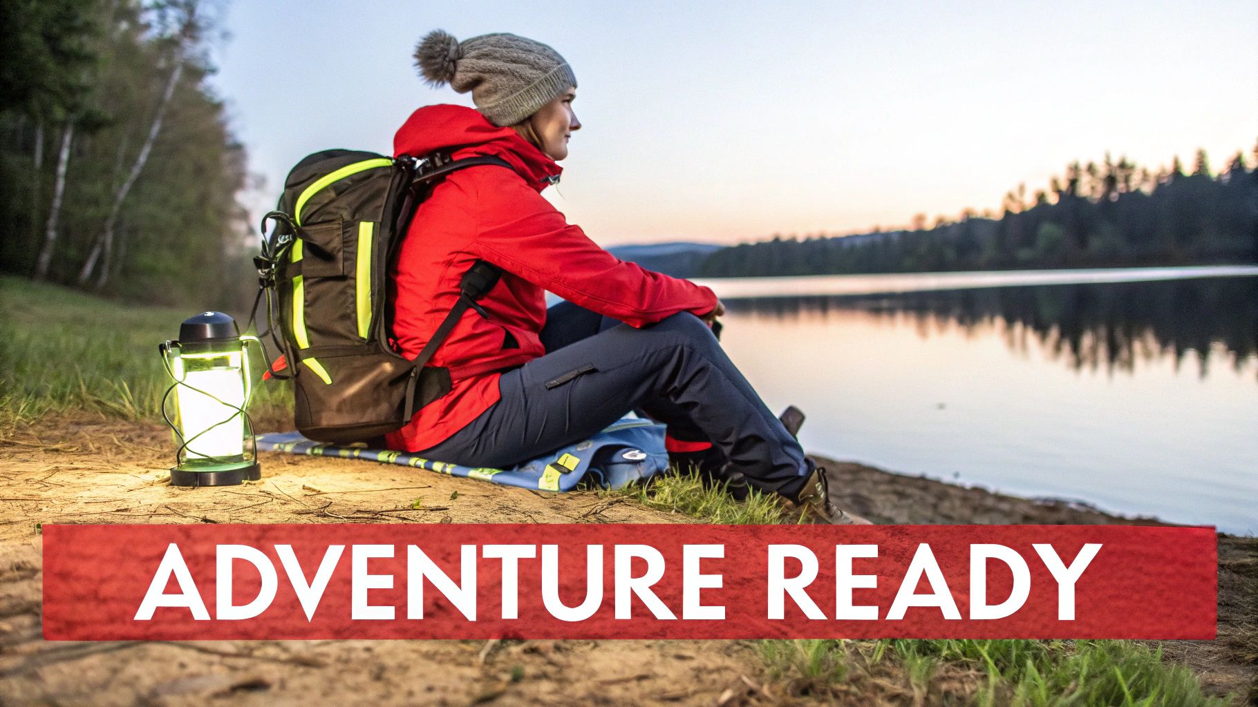 A person in hiking gear sits by a peaceful lake at sunset, with a glowing lantern nearby.