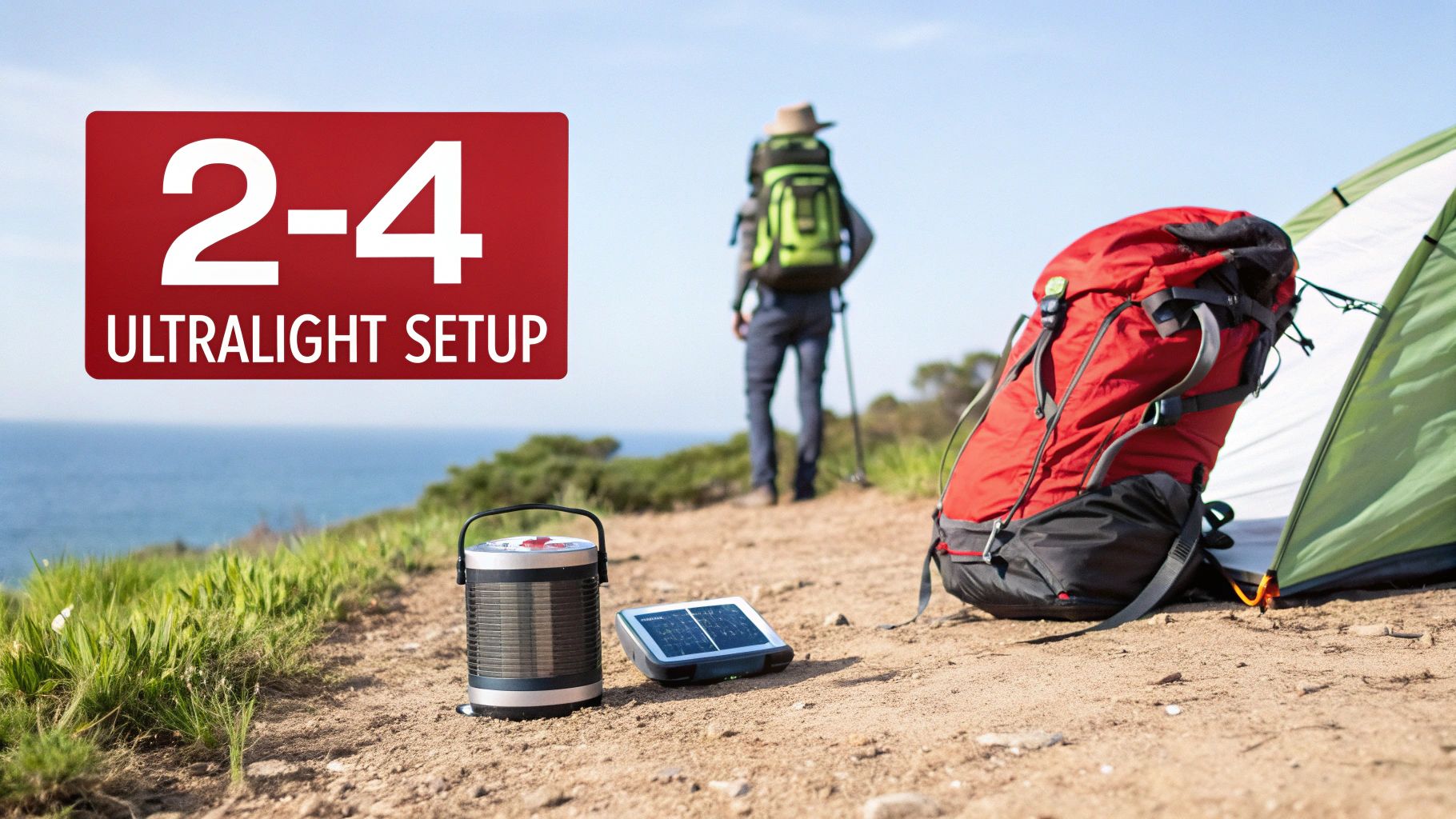 Ultralight camping setup by the ocean with a hiker, tent, backpack, and solar panel.
