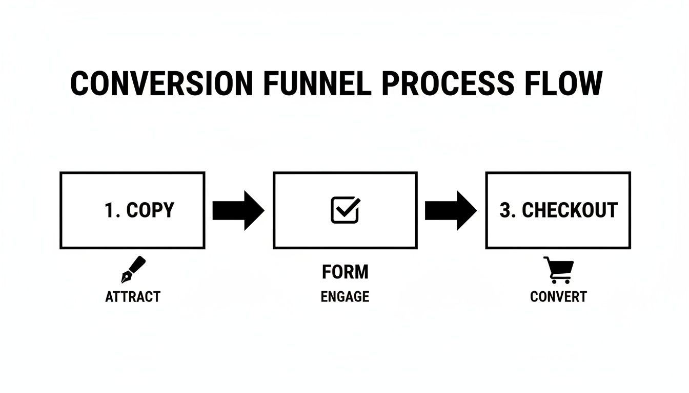 Diagram illustrating a conversion funnel process flow with steps: Copy (Attract), Form (Engage), and Checkout (Convert).