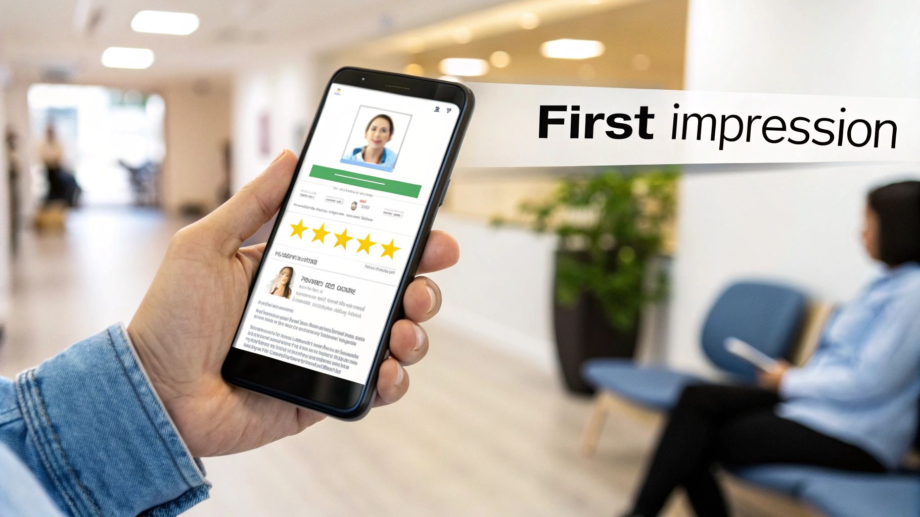 A hand holds a smartphone displaying a highly-rated doctor's profile with five stars and patient reviews.