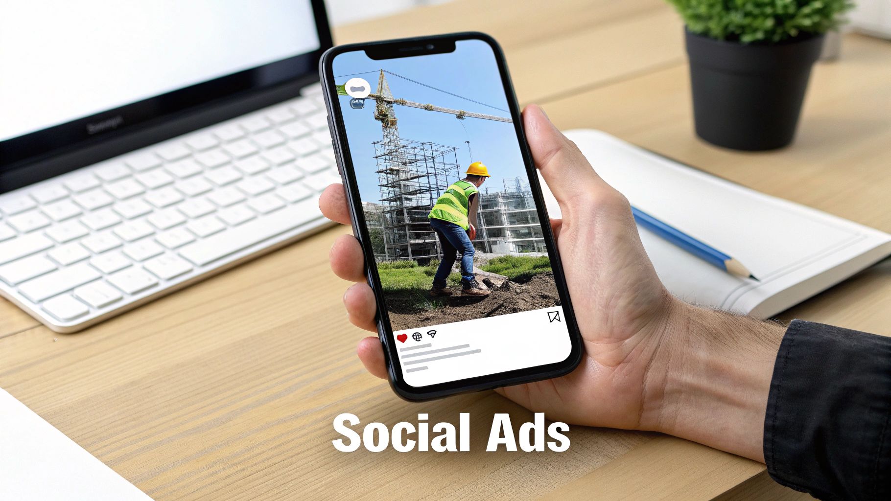 A hand holds a smartphone displaying a social ad with a construction worker on a job site.