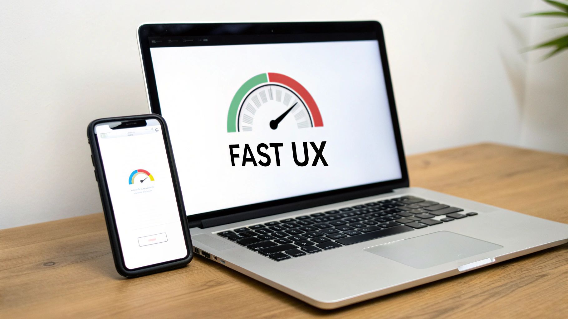 Laptop and smartphone display speed gauges and 'FAST UX' on a wooden desk, symbolizing fast user experience.