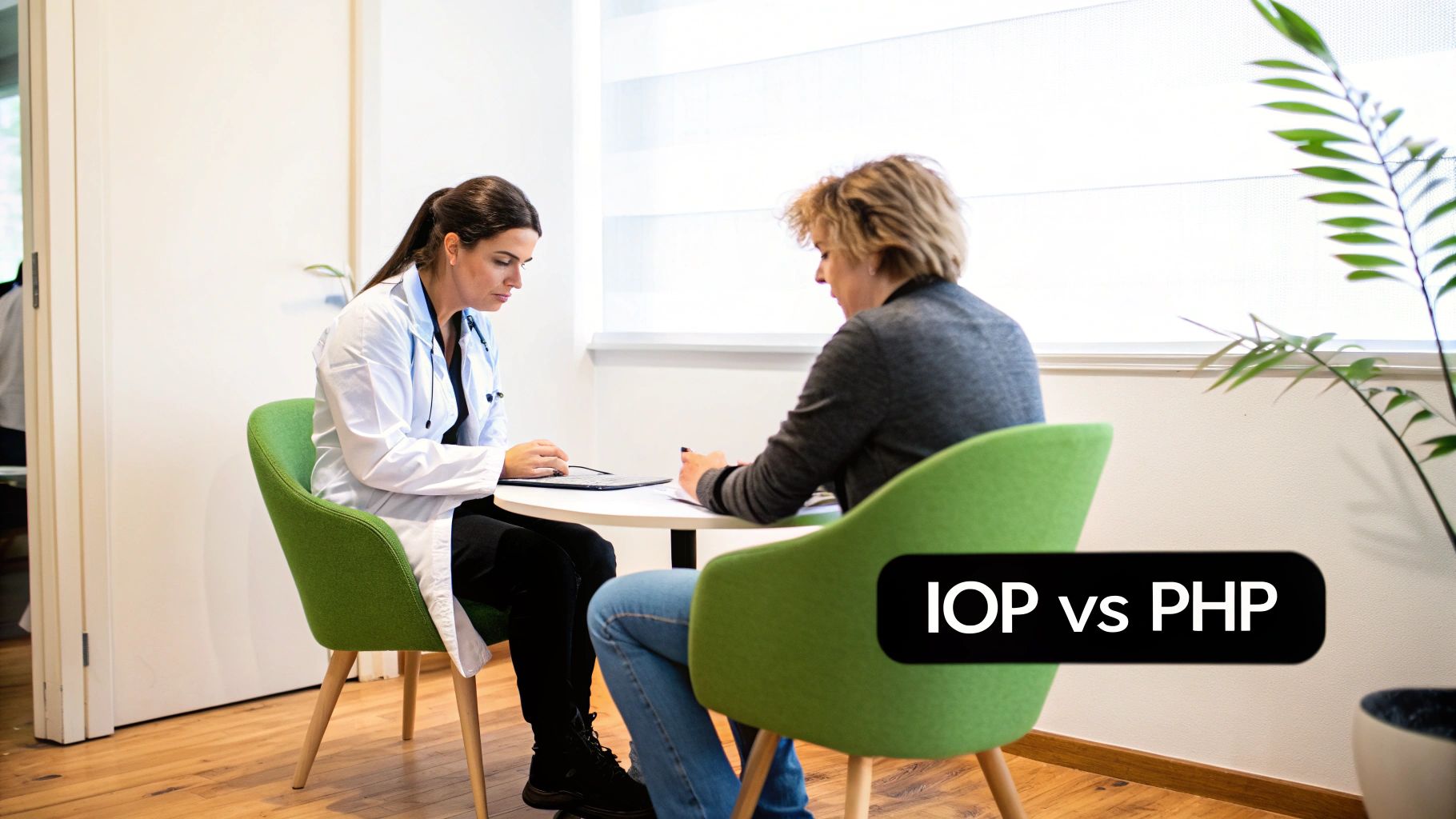 A female doctor in a white coat consulting with a patient at a table in an office.