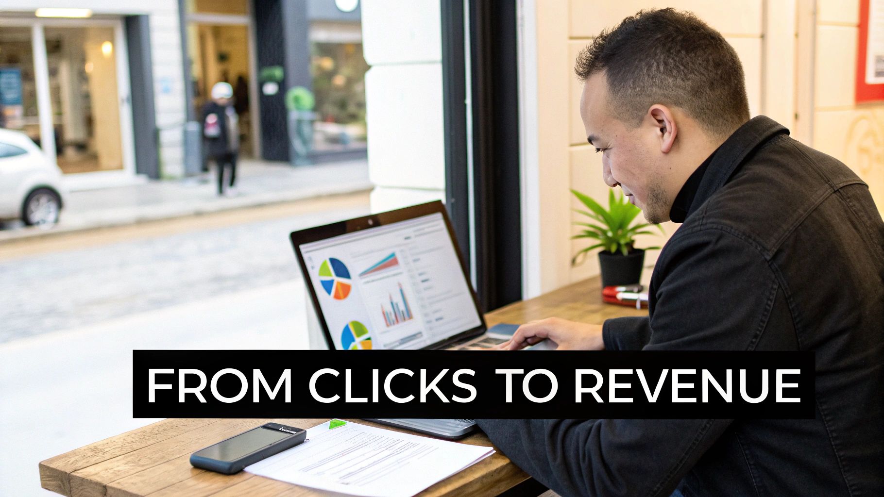A man analyzing business data on a laptop showing charts and graphs, with text 'FROM CLICKS TO REVENUE'.