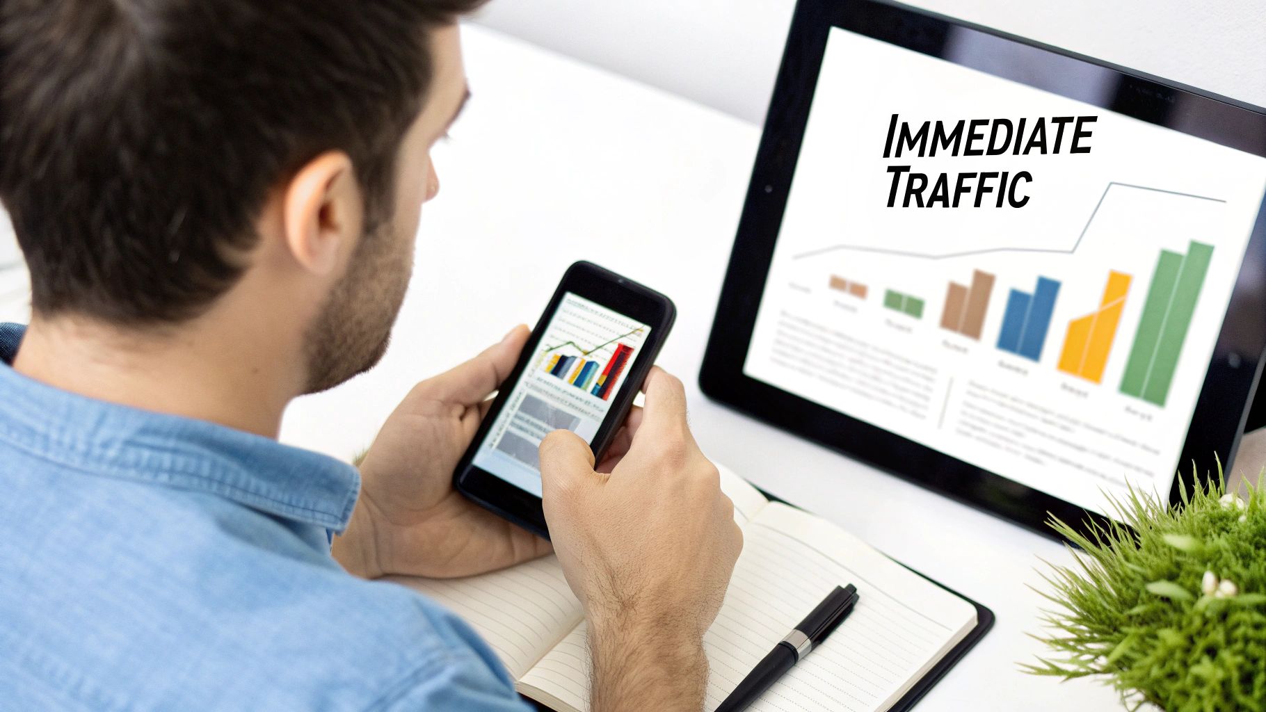Man analyzing business data on his smartphone and tablet showing "Immediate Traffic" graphs.