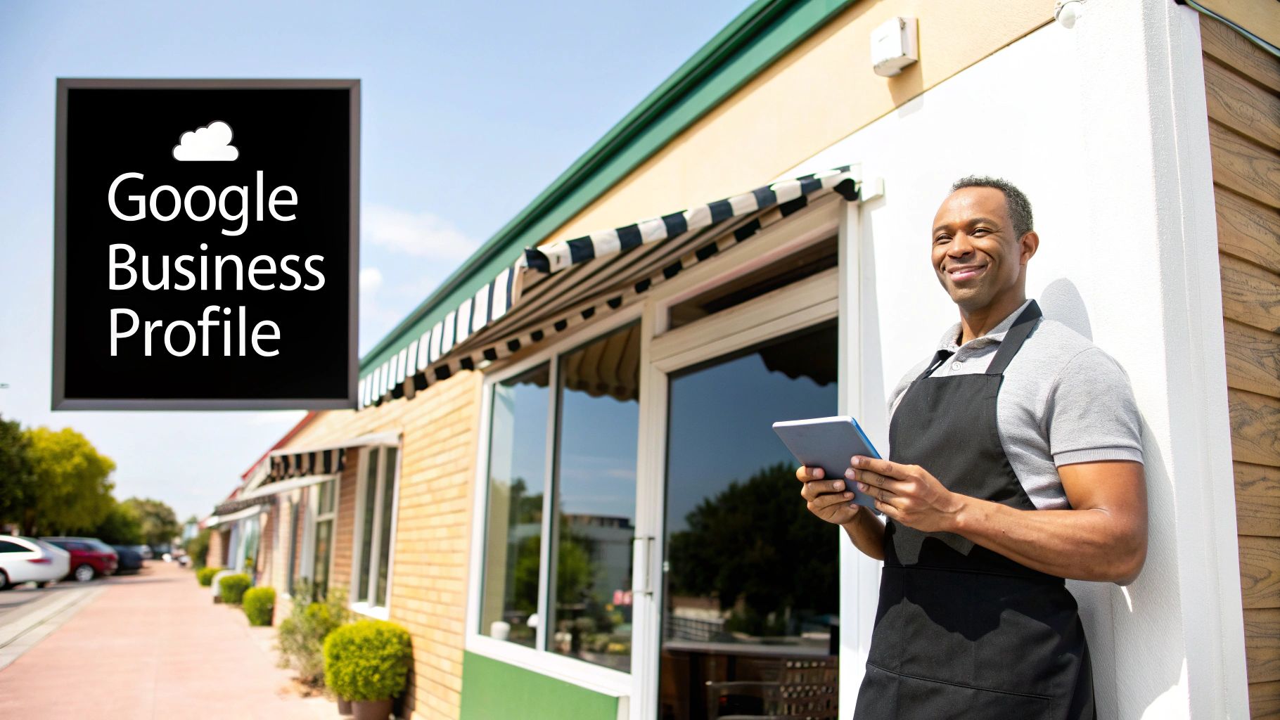 A smiling Black business owner in an apron holds a tablet outside his storefront, with a Google Business Profile sign.