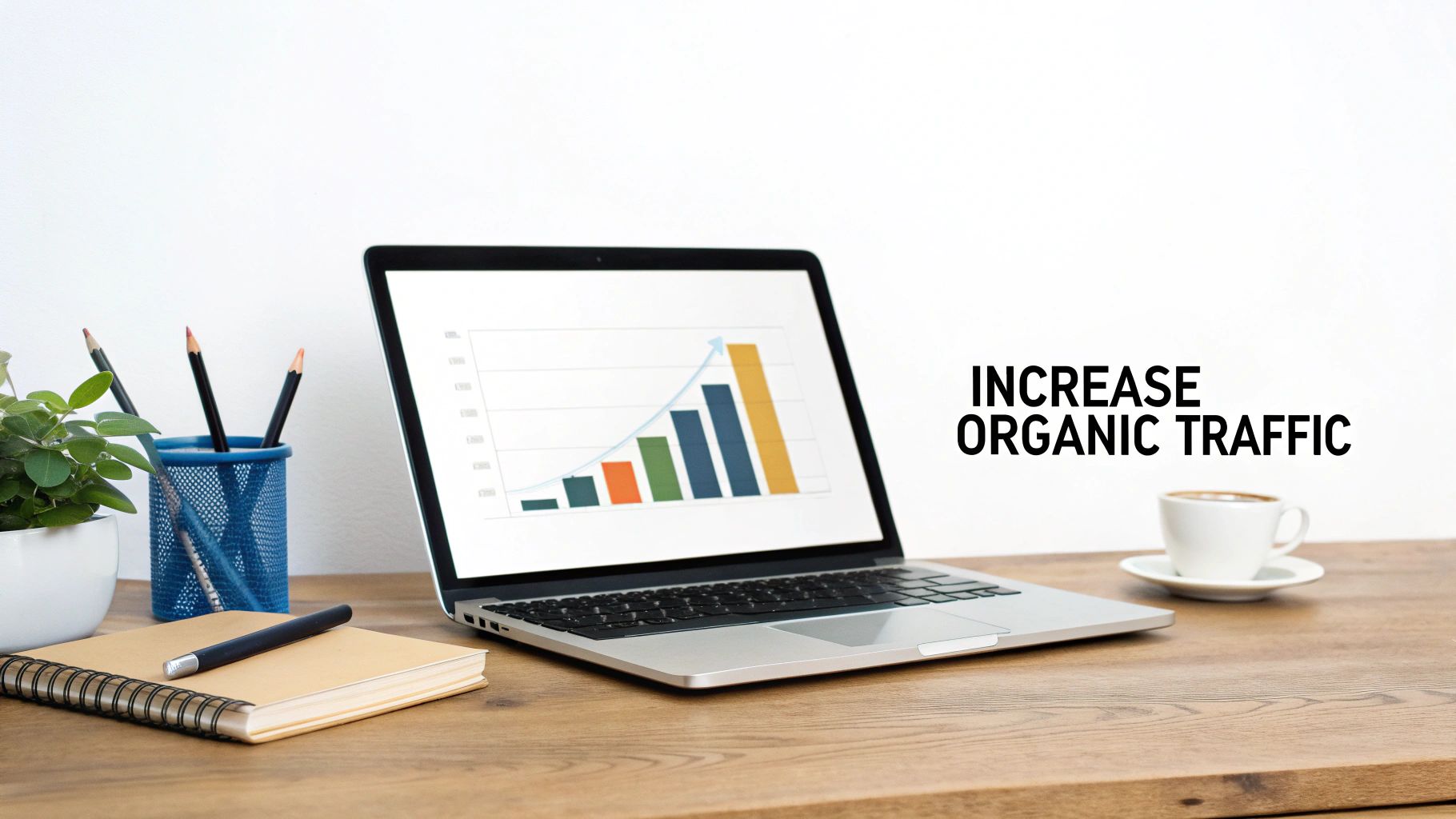 A desk with a laptop showing an increasing organic traffic chart, next to a notebook, pen, and coffee.