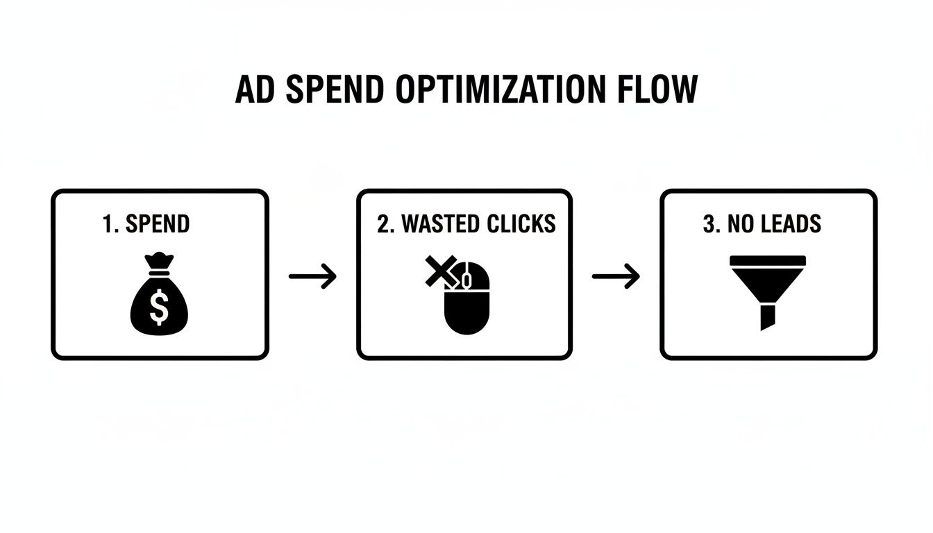 An ad spend optimization flow diagram showing the progression from spending to wasted clicks and no leads.