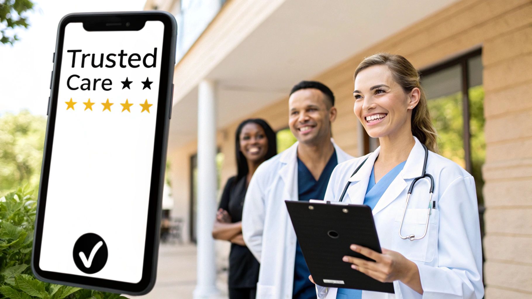 A diverse team of smiling medical professionals with a smartphone displaying "Trusted Care" and five stars.