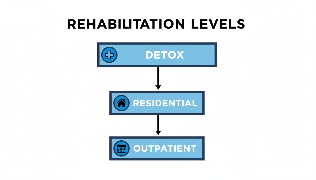 A flowchart illustrating the three levels of rehabilitation: Detox, Residential, and Outpatient care.