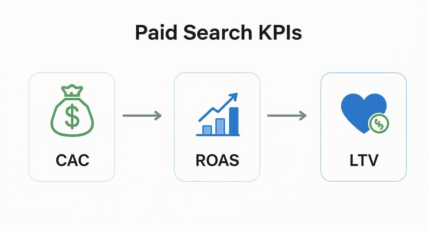 Flowchart illustrating Paid Search Key Performance Indicators (KPIs) including CAC, ROAS, and LTV with icons.