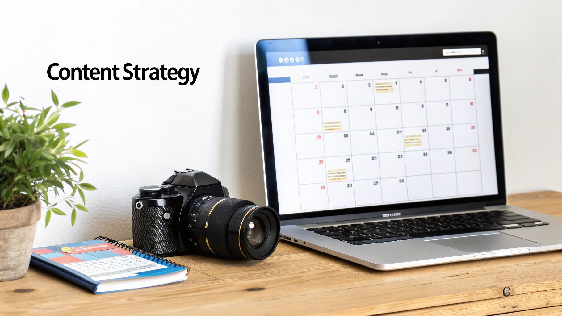 A desk setup with a laptop showing a content calendar, camera, plant, and 'Content Strategy' text.