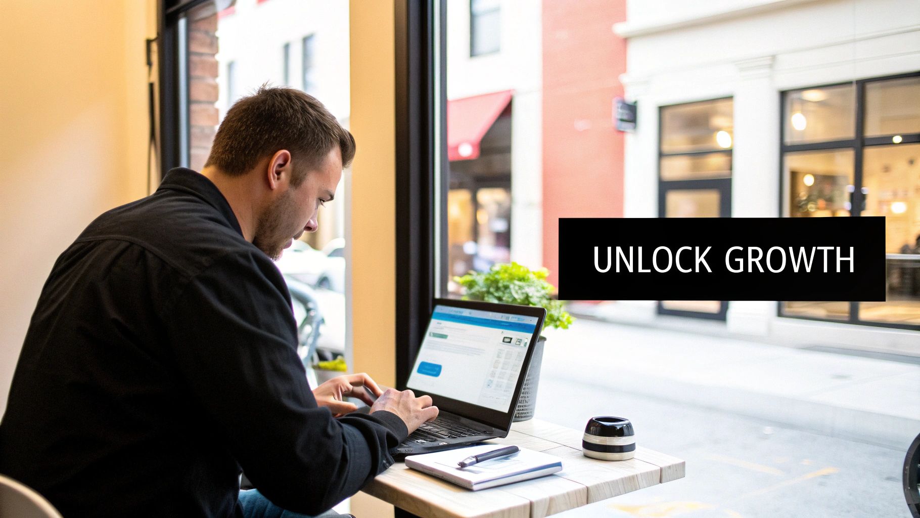 Man in a black shirt working on a laptop at a cafe table by a window, with "UNLOCK GROWTH" overlay.