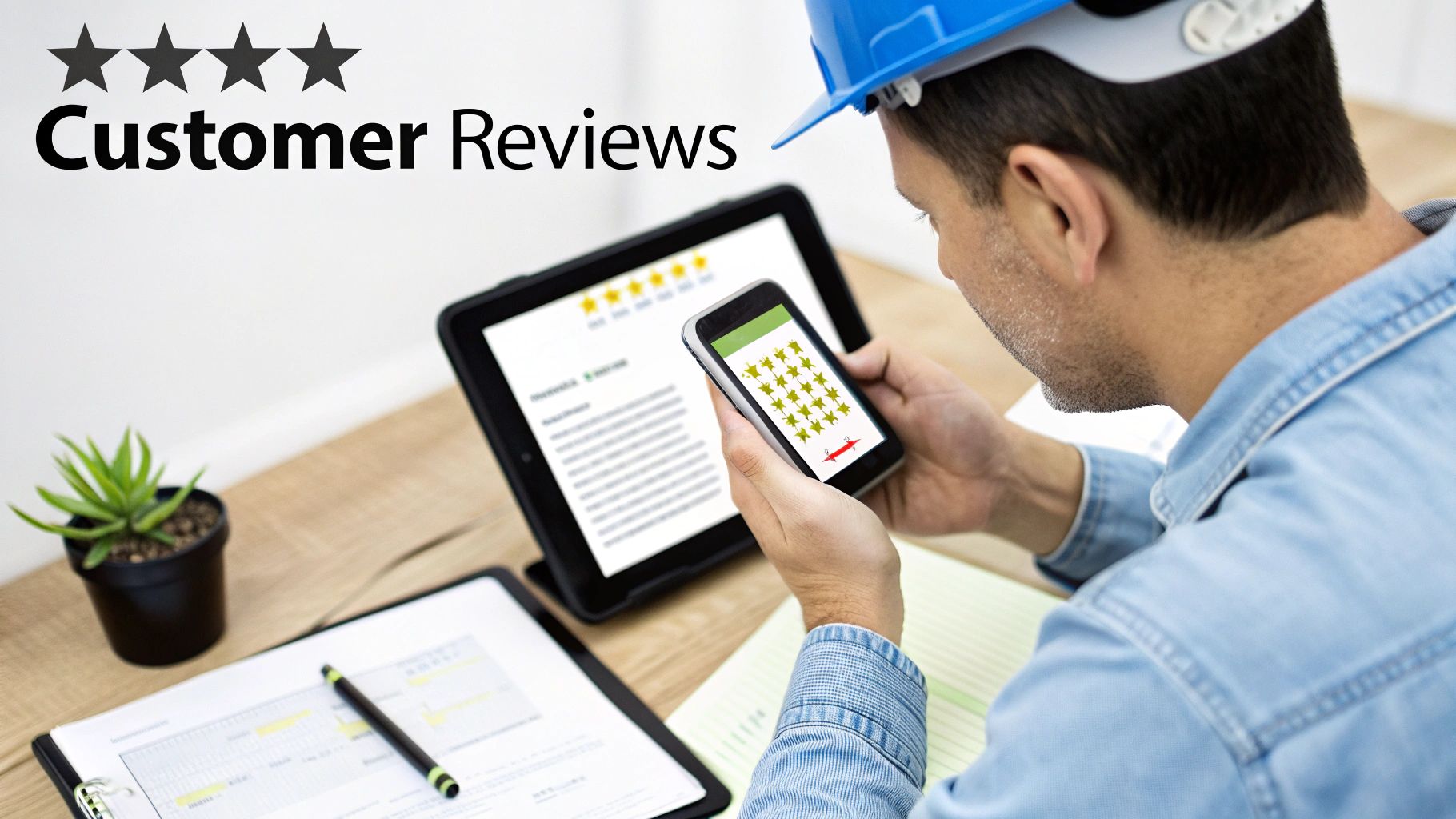 Man in a hard hat reviewing customer feedback on a tablet and smartphone with star ratings.