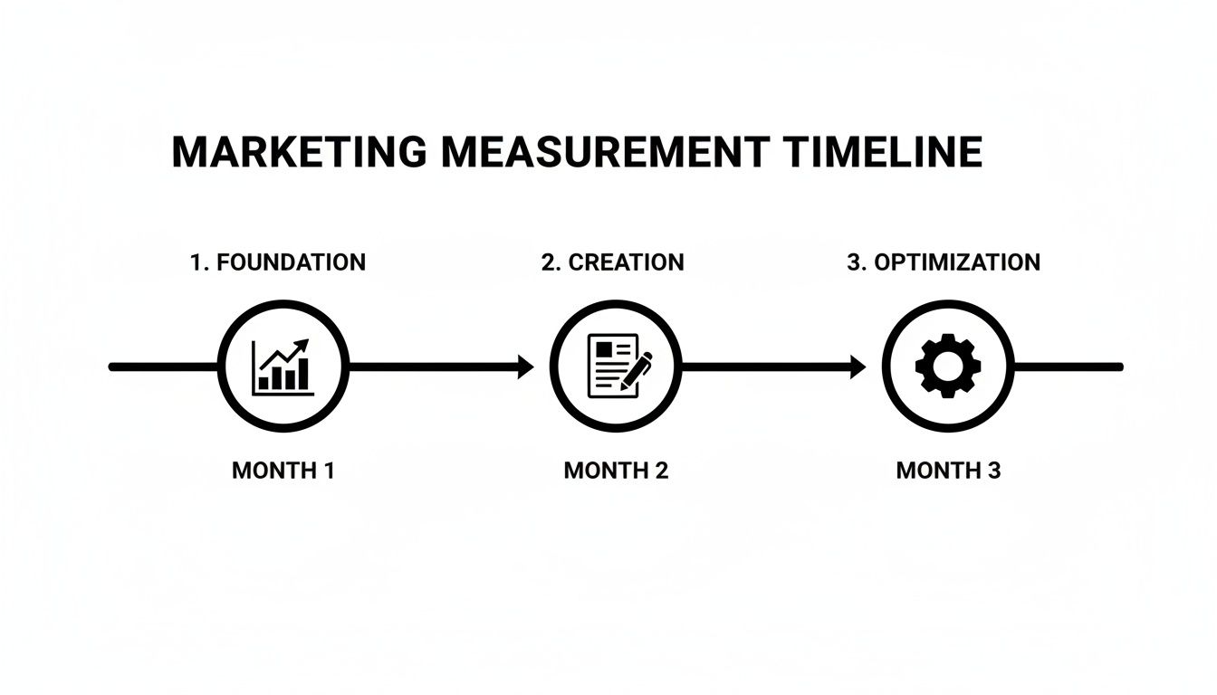 A marketing measurement timeline showing three months: Foundation, Creation, and Optimization, with corresponding icons.
