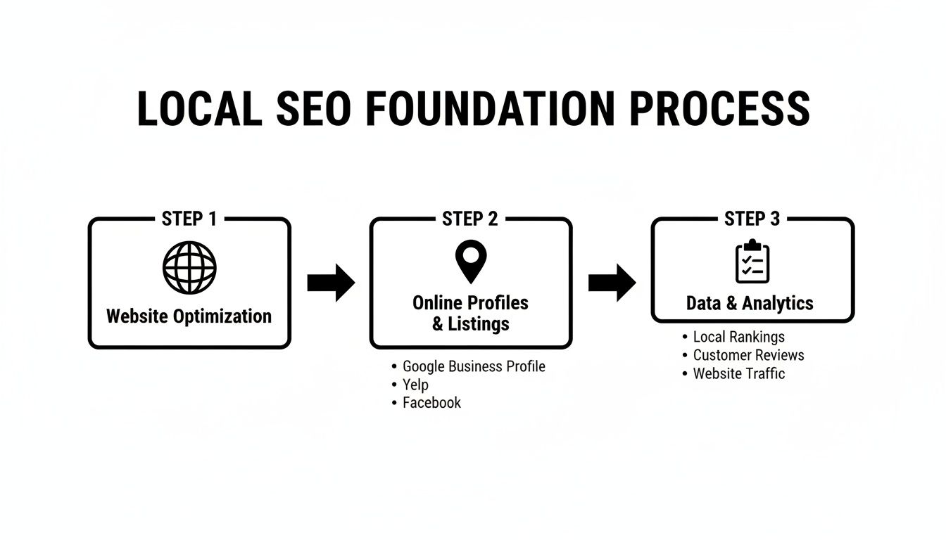 A three-step Local SEO Foundation Process: Website Optimization, Online Profiles & Listings, and Data & Analytics.