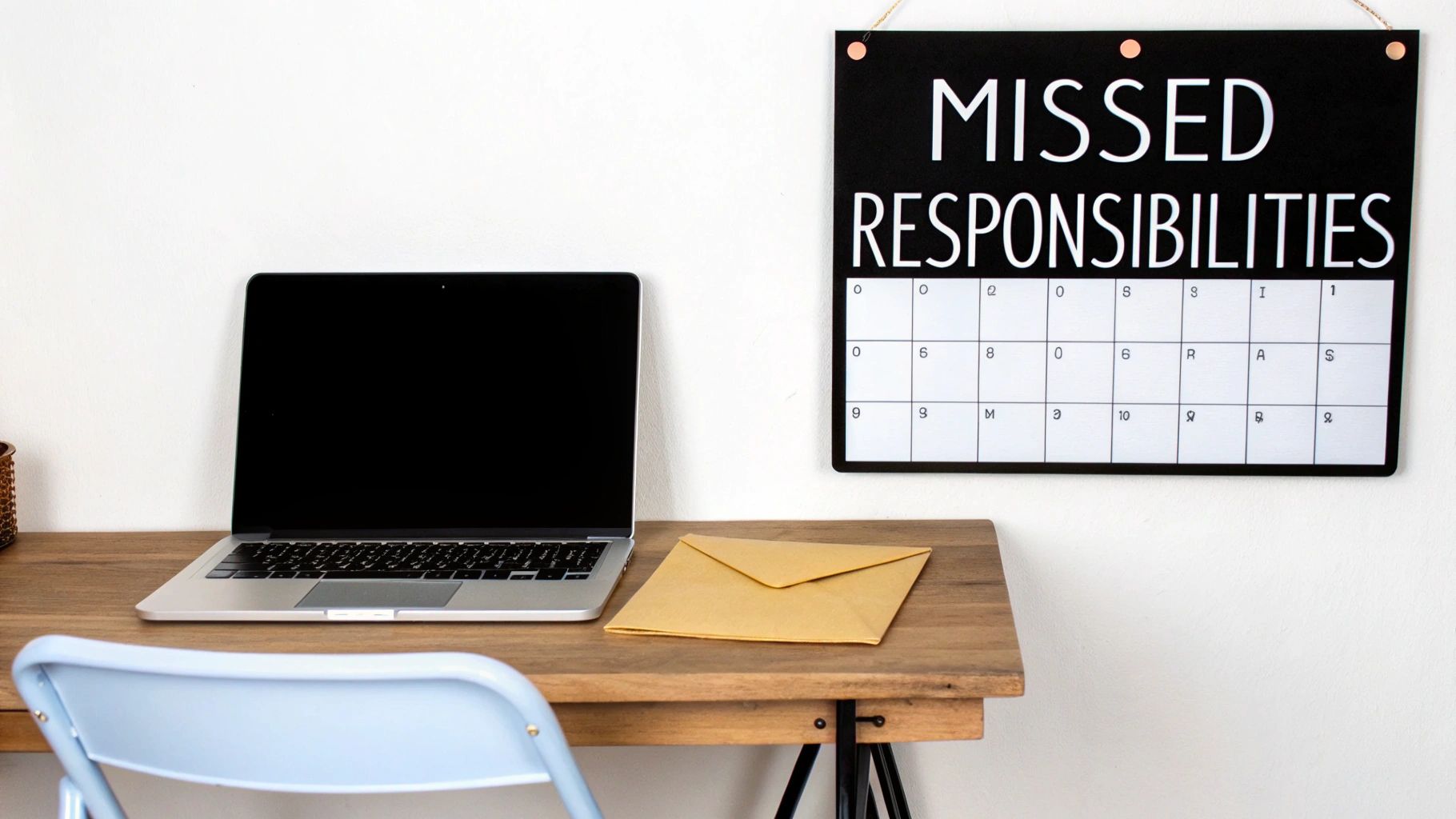 A wooden desk with a laptop, an envelope, and a 'Missed Responsibilities' calendar.