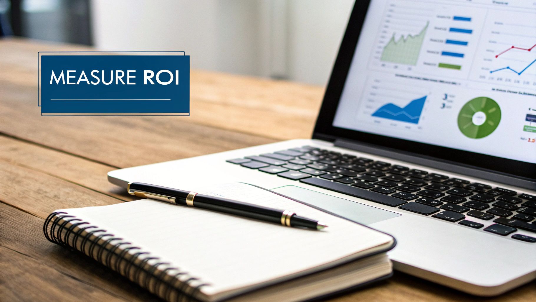 Laptop on a wooden desk showing business analytics with a notebook, pen, and 'MEASURE ROI' text.