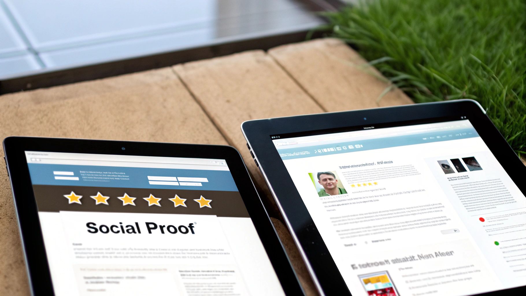 Two tablets show web pages with 'Social Proof' and a customer review, highlighting website conversion elements.