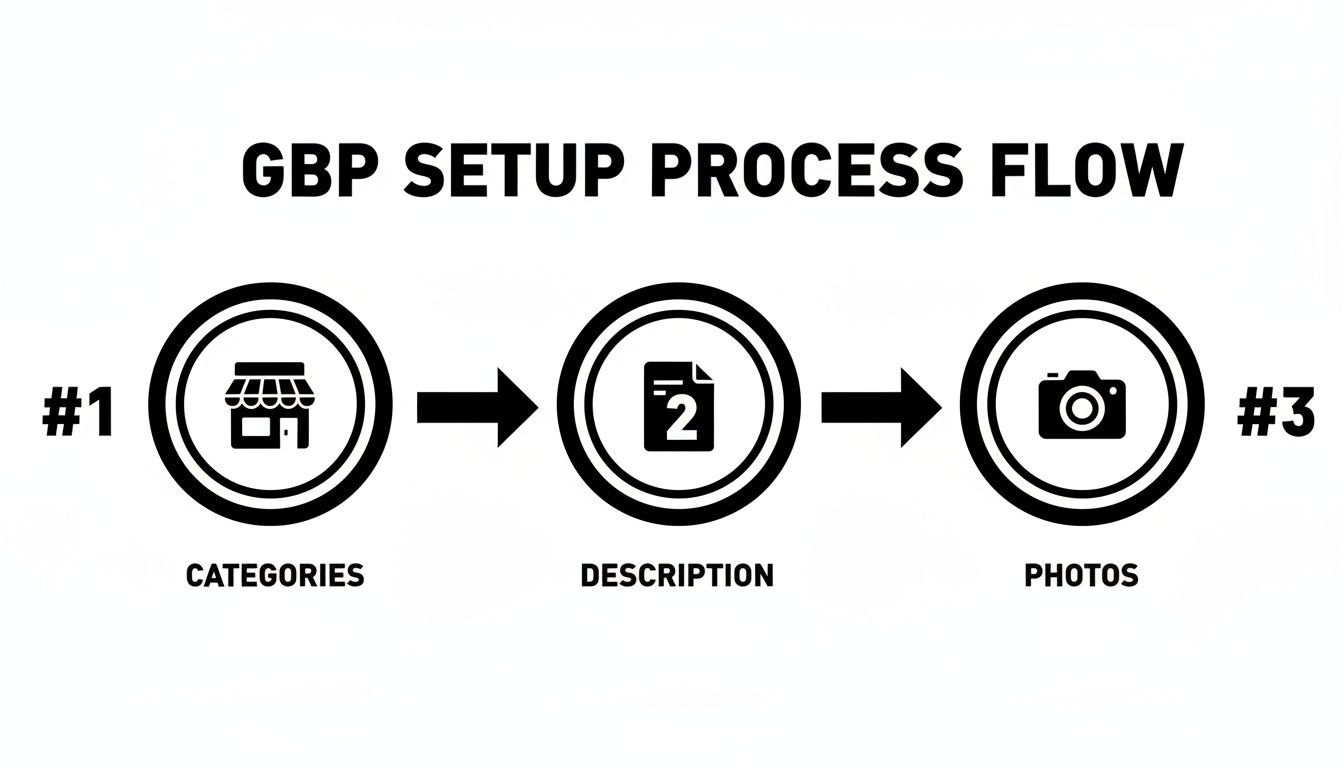 A three-step process flow for Google Business Profile setup: Categories, Description, and Photos.
