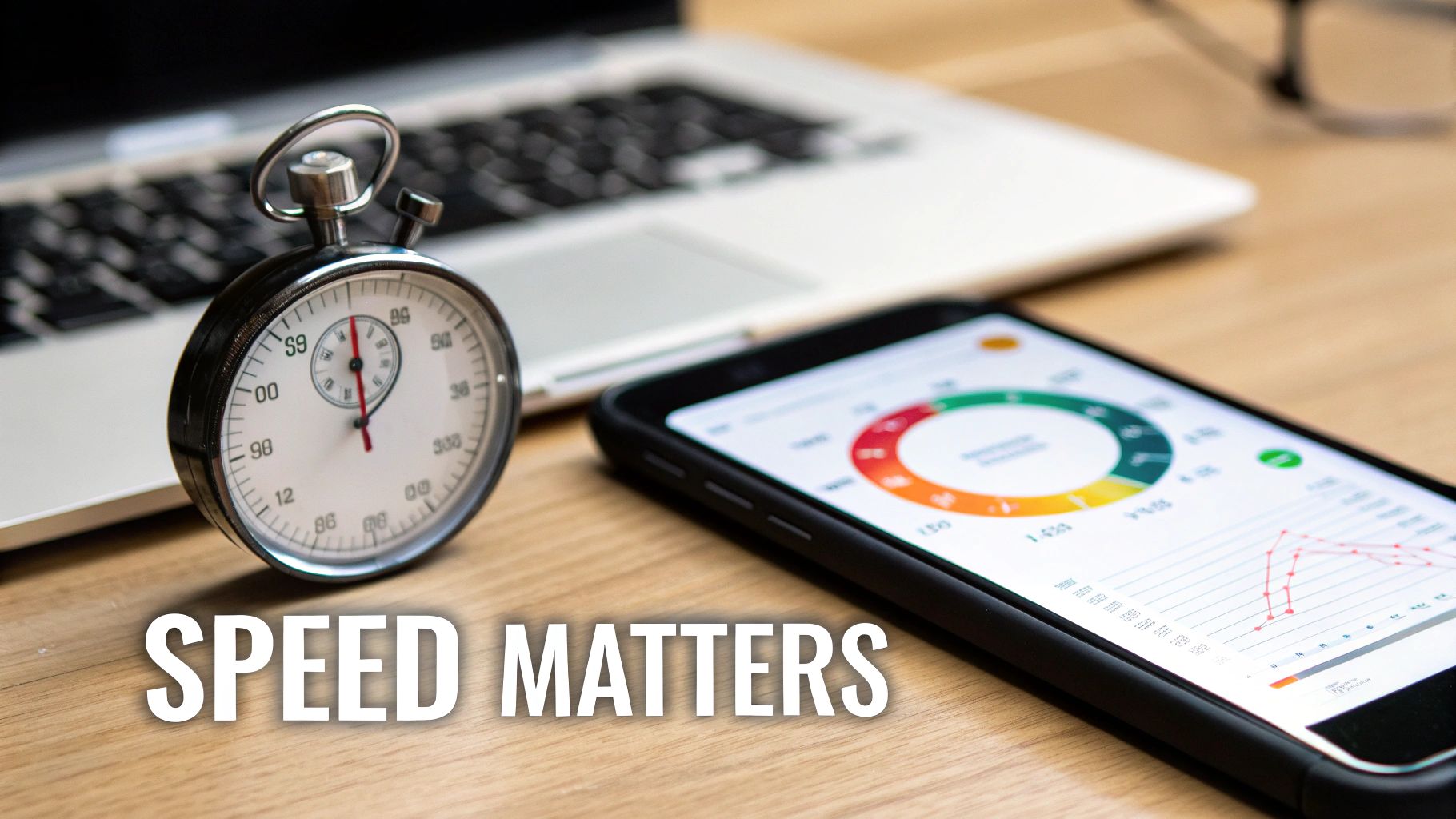 A stopwatch and phone with data charts on a desk with a laptop, highlighting 'Speed Matters'.