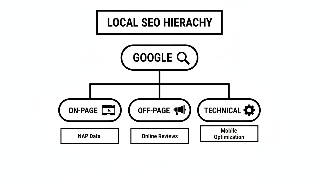 Local SEO hierarchy diagram for Google, covering on-page, off-page, and technical factors: NAP data, online reviews, mobile optimization.