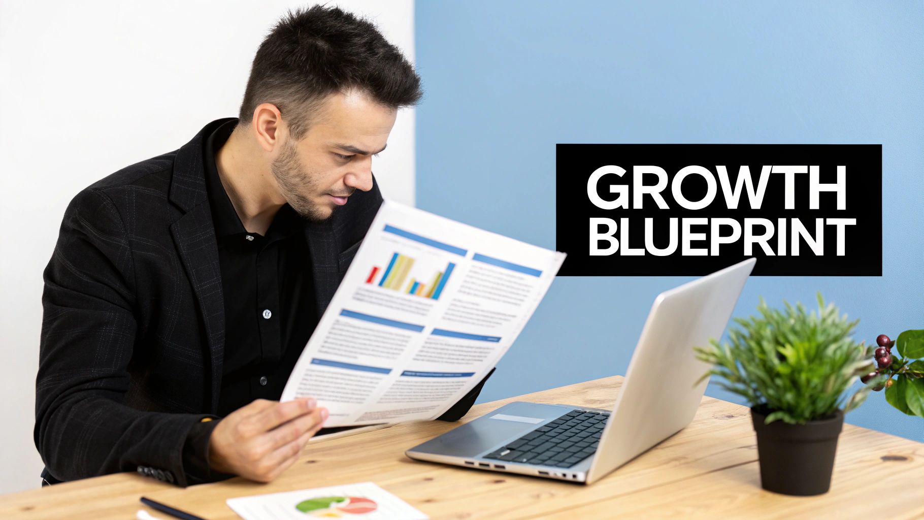 A man reviews a document with graphs at a desk with a laptop and a 'GROWTH BLUEPRINT' sign.