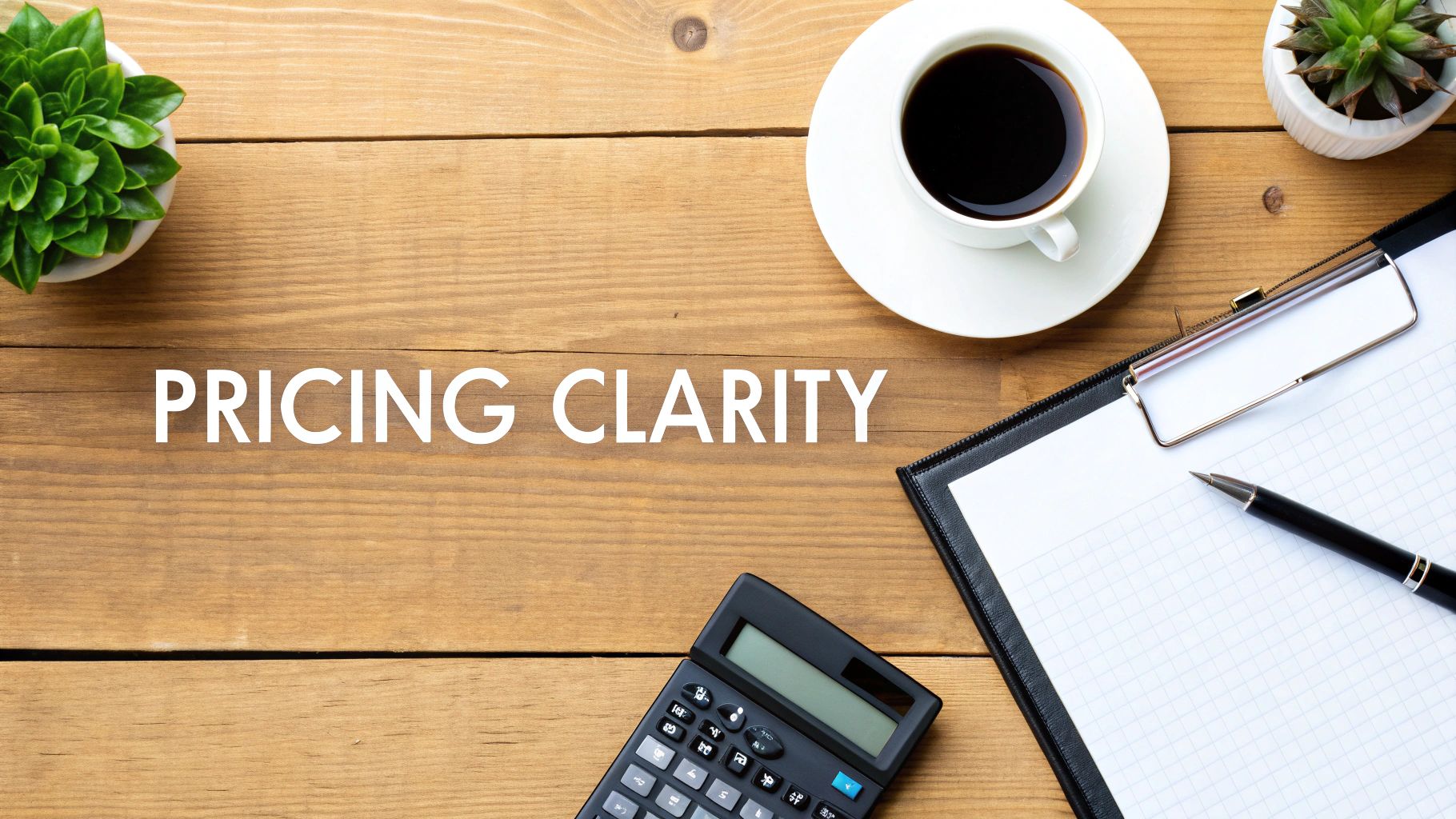 PRICING CLARITY text on a wooden desk with a calculator, coffee, and plants, symbolizing financial insight.