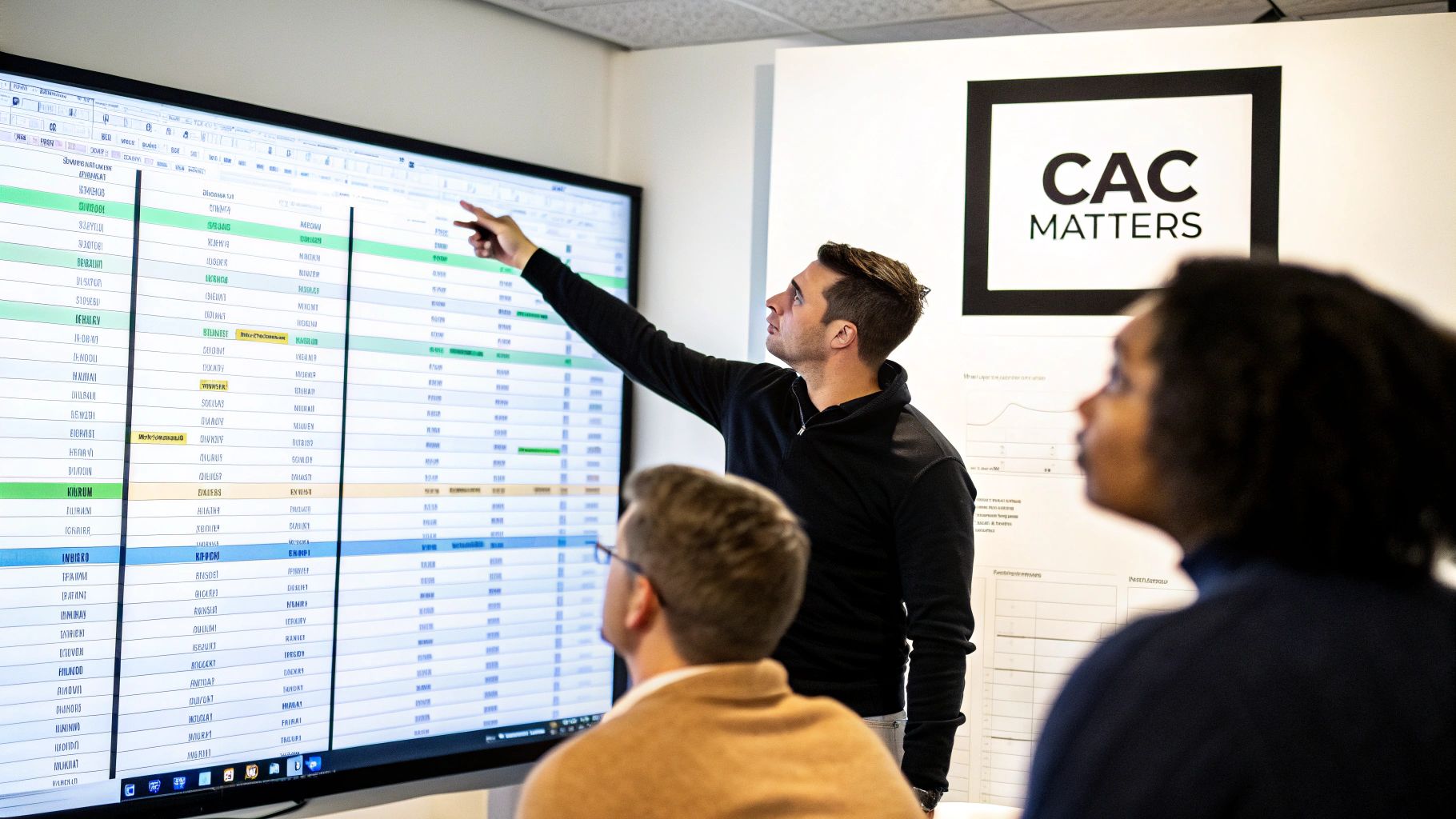 Three colleagues discuss data on a large interactive screen in an office meeting.
