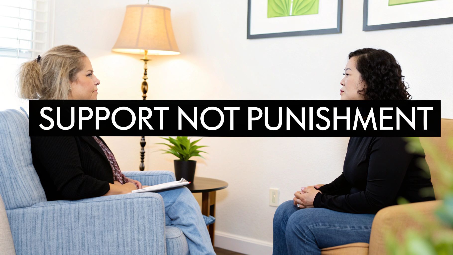 Two women in a therapy or counseling session, with text overlay: 'SUPPORT NOT PUNISHMENT'.