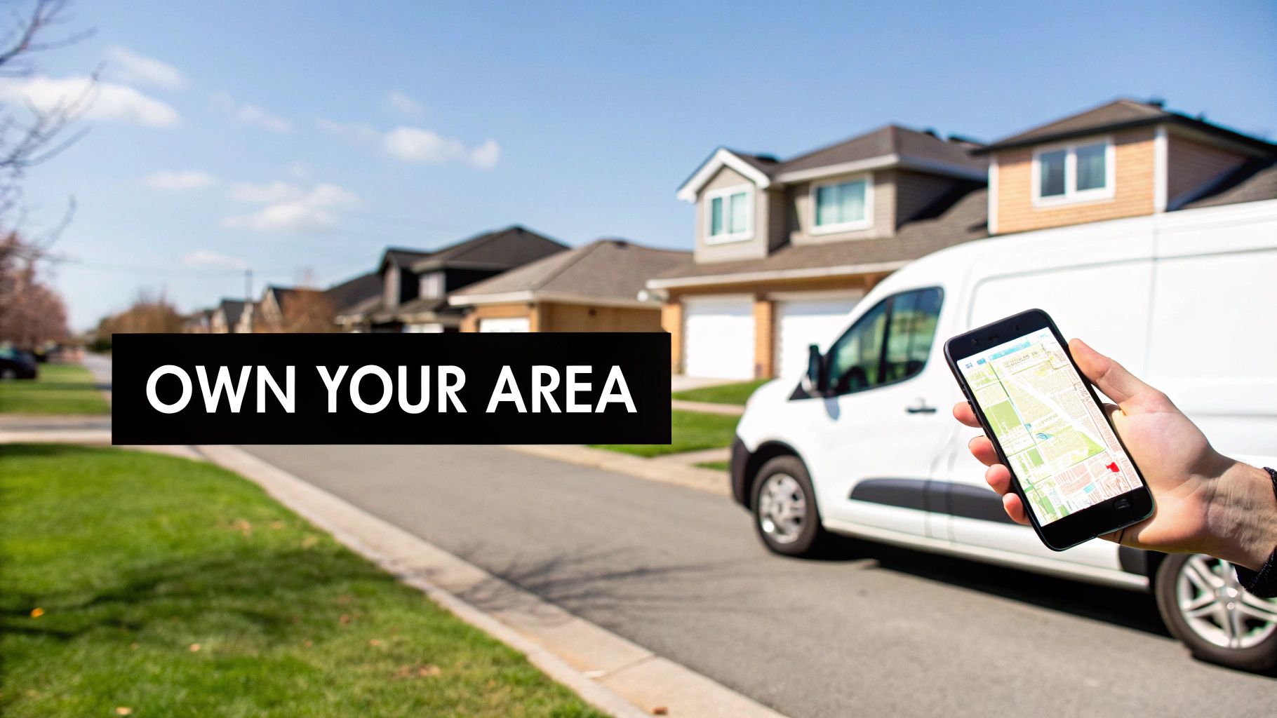 A hand holds a smartphone with a map app, a white delivery van, and suburban houses. Text reads "OWN YOUR AREA."