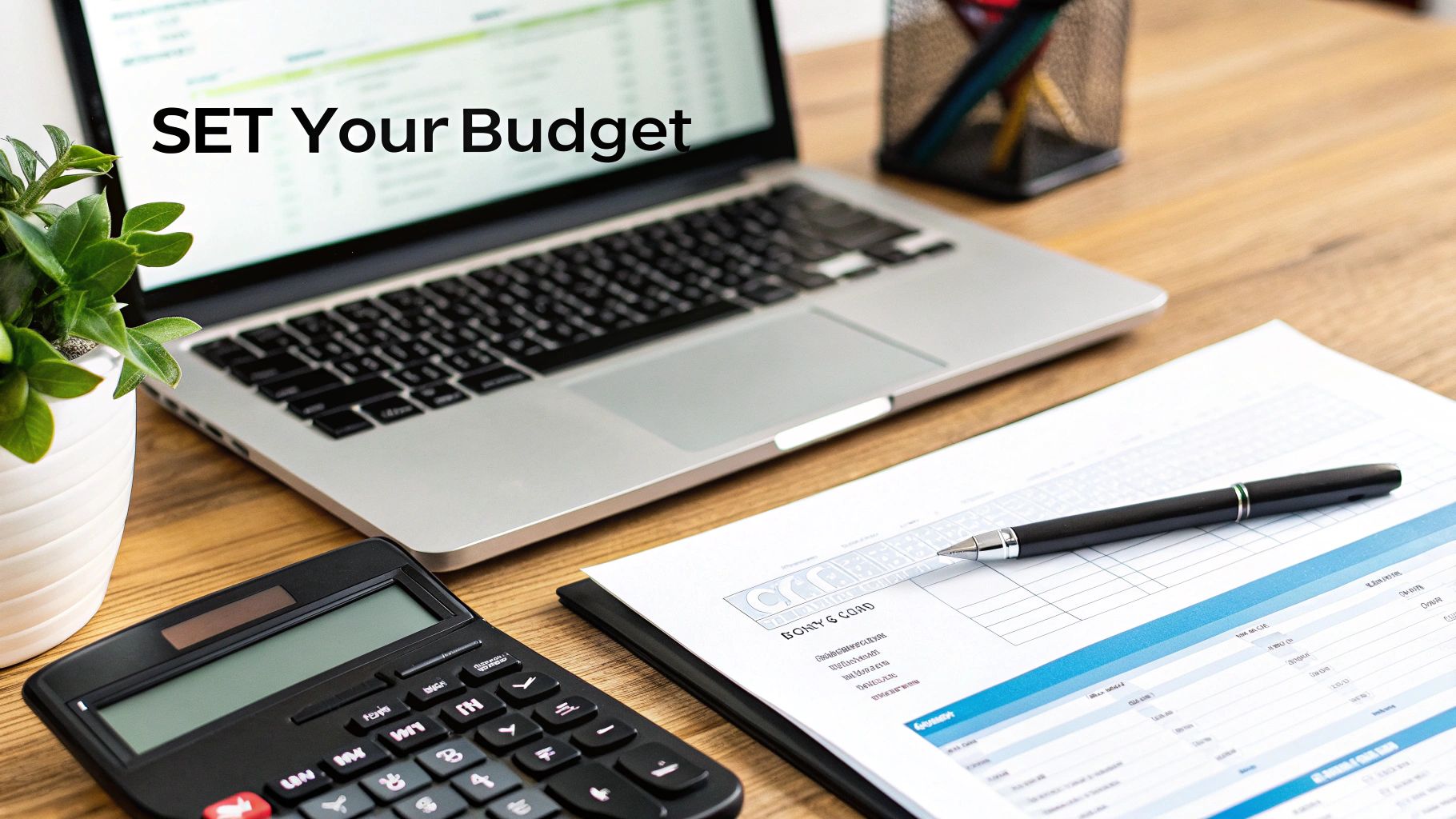A workspace with a laptop showing a budget, calculator, and financial documents to set a budget.