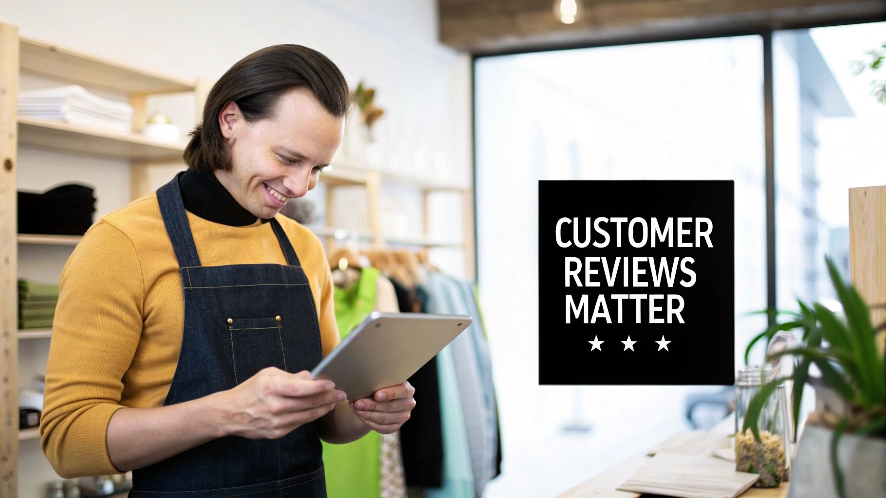 Happy small business owner in apron smiles while using a tablet, with a 'Customer Reviews Matter' sign.
