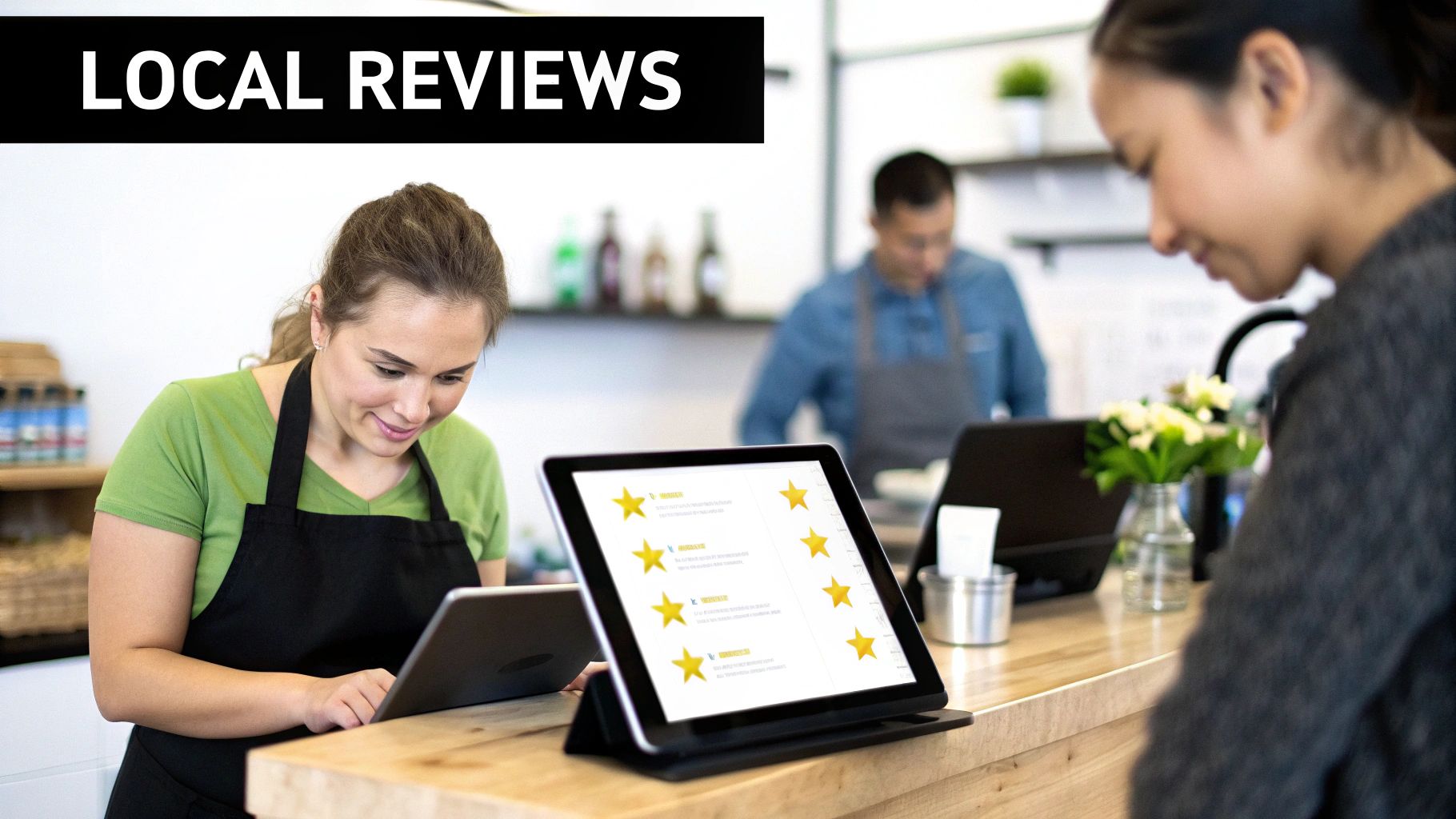 Smiling employees in a local business checking customer reviews on tablets with star ratings.
