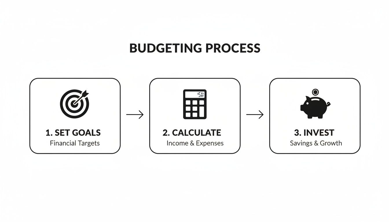 A simple flowchart illustrating the three-step budgeting process: Set Goals, Calculate, and Invest.