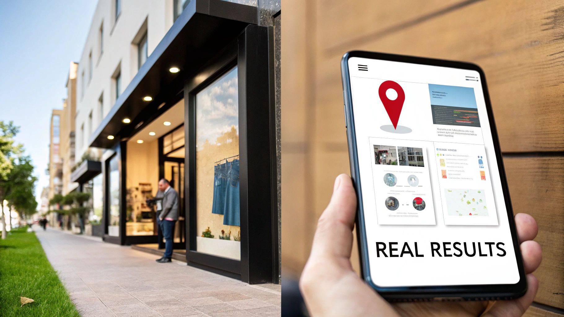 Side-by-side view of a modern shop entrance and a smartphone displaying 'REAL RESULTS'.