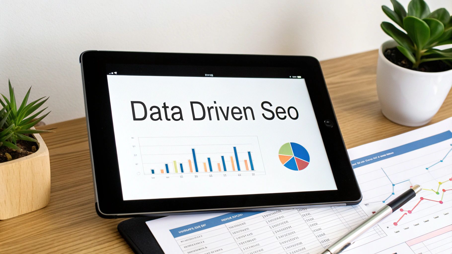 Tablet showing 'Data Driven SEO' with graphs on a desk, alongside paper charts and a pen.