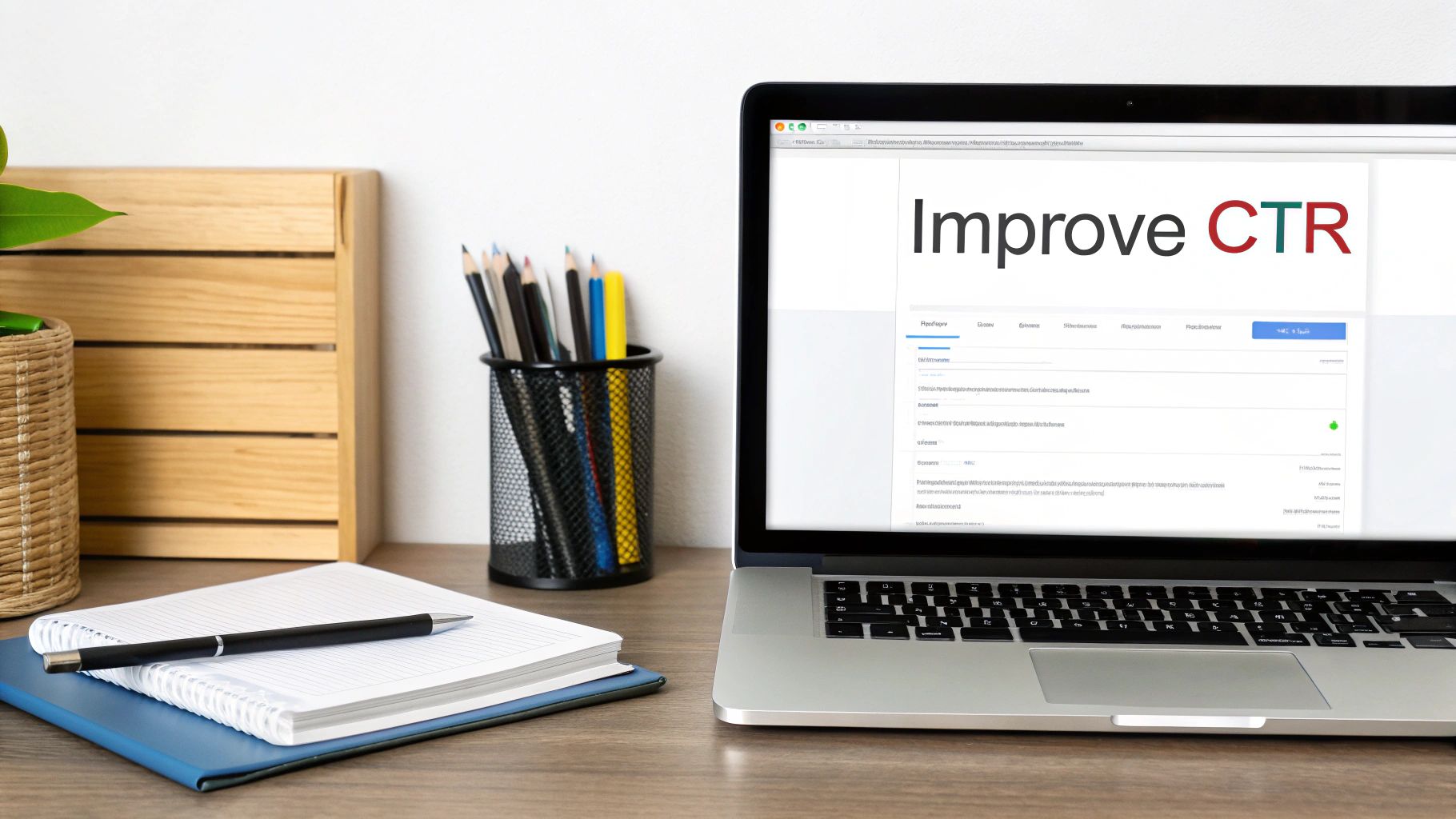 A laptop displaying 'Improve CTR' sits on a wooden desk with a notebook, pen, and office supplies.