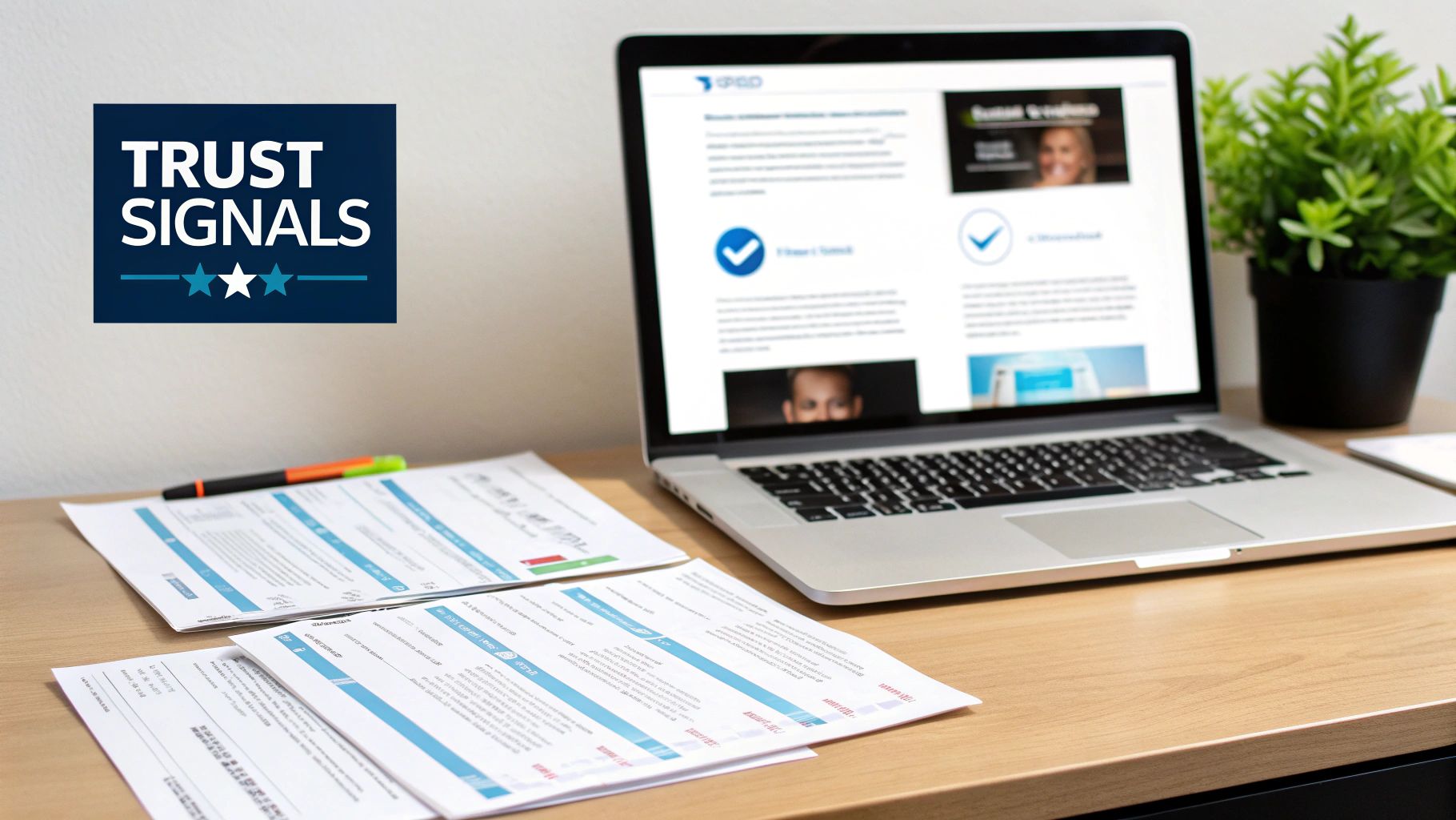 A laptop on a desk displaying a business website, with papers, a pen, and a plant, next to a 'Trust Signals' logo.
