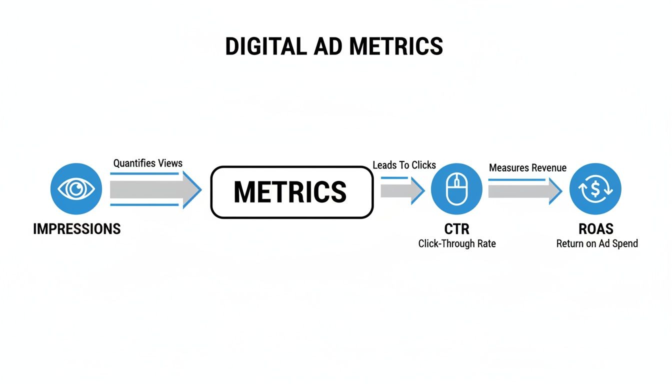 A flowchart illustrating key digital ad metrics: Impressions, CTR (Click-Through Rate), and ROAS (Return on Ad Spend).