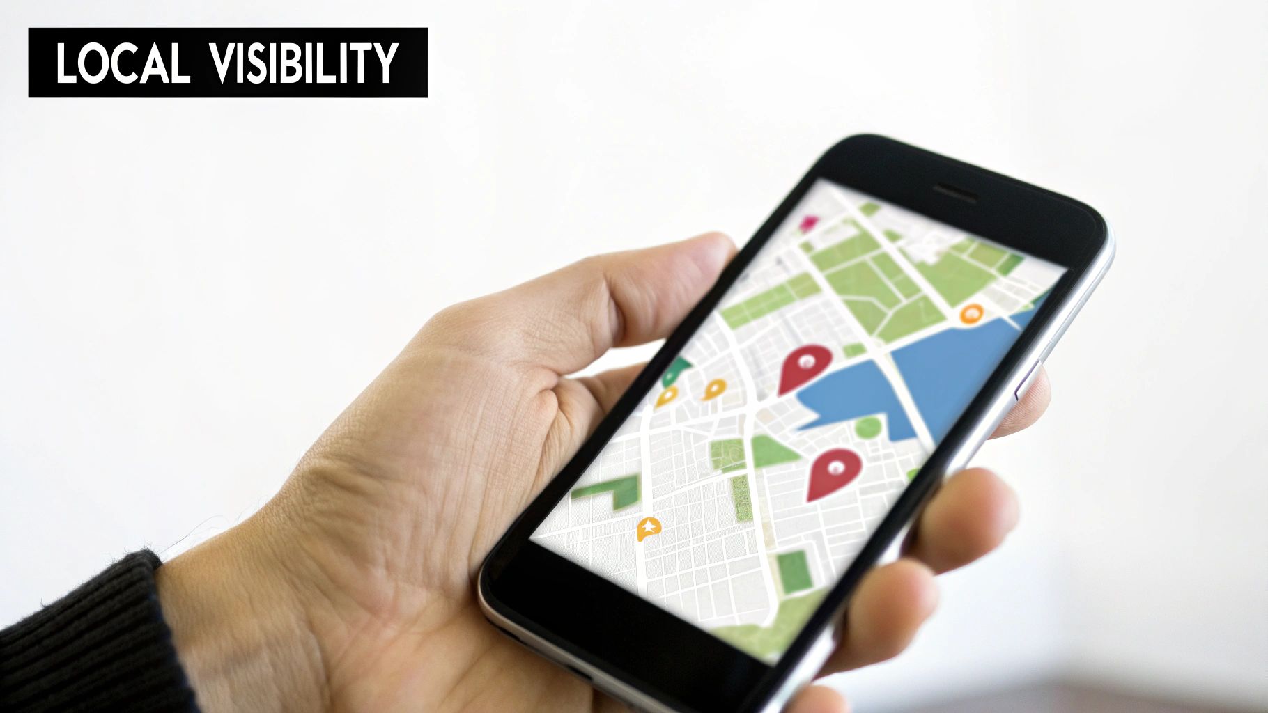 A hand holding a smartphone displaying a map with multiple location pins, signifying local search visibility.