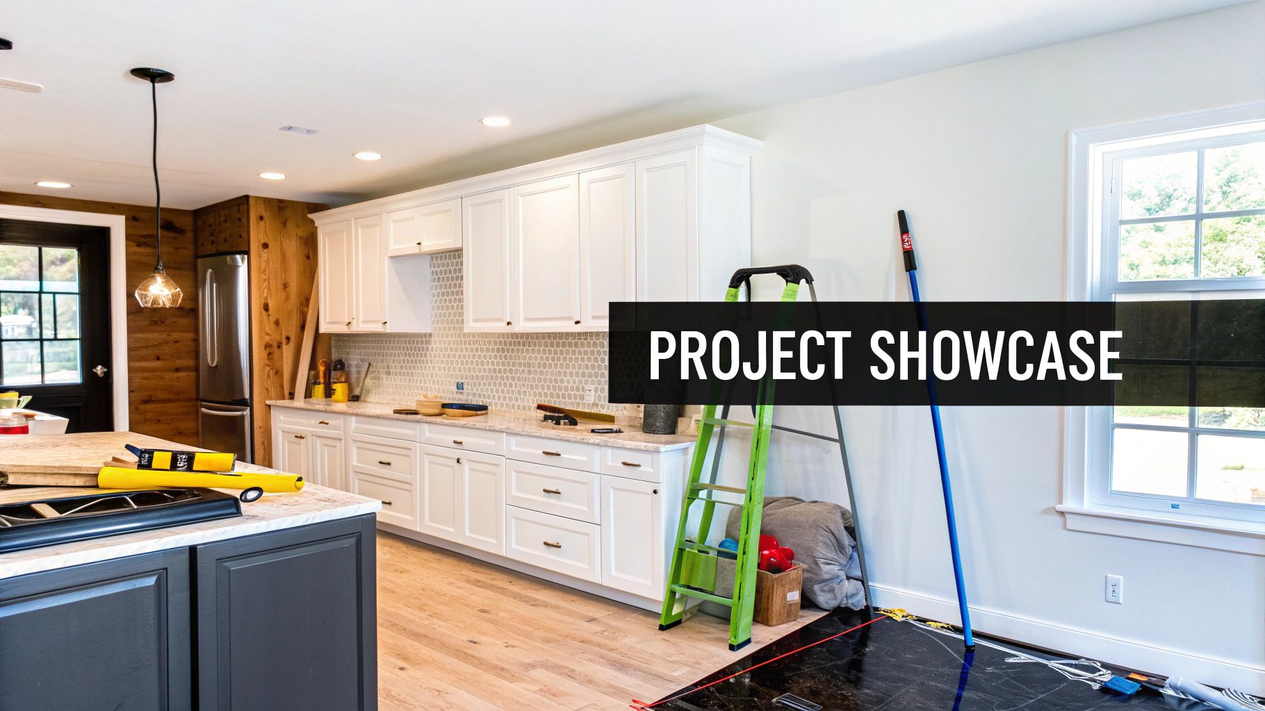 A modern kitchen undergoing renovation, featuring white cabinets, a dark island, wood floors, and construction tools.