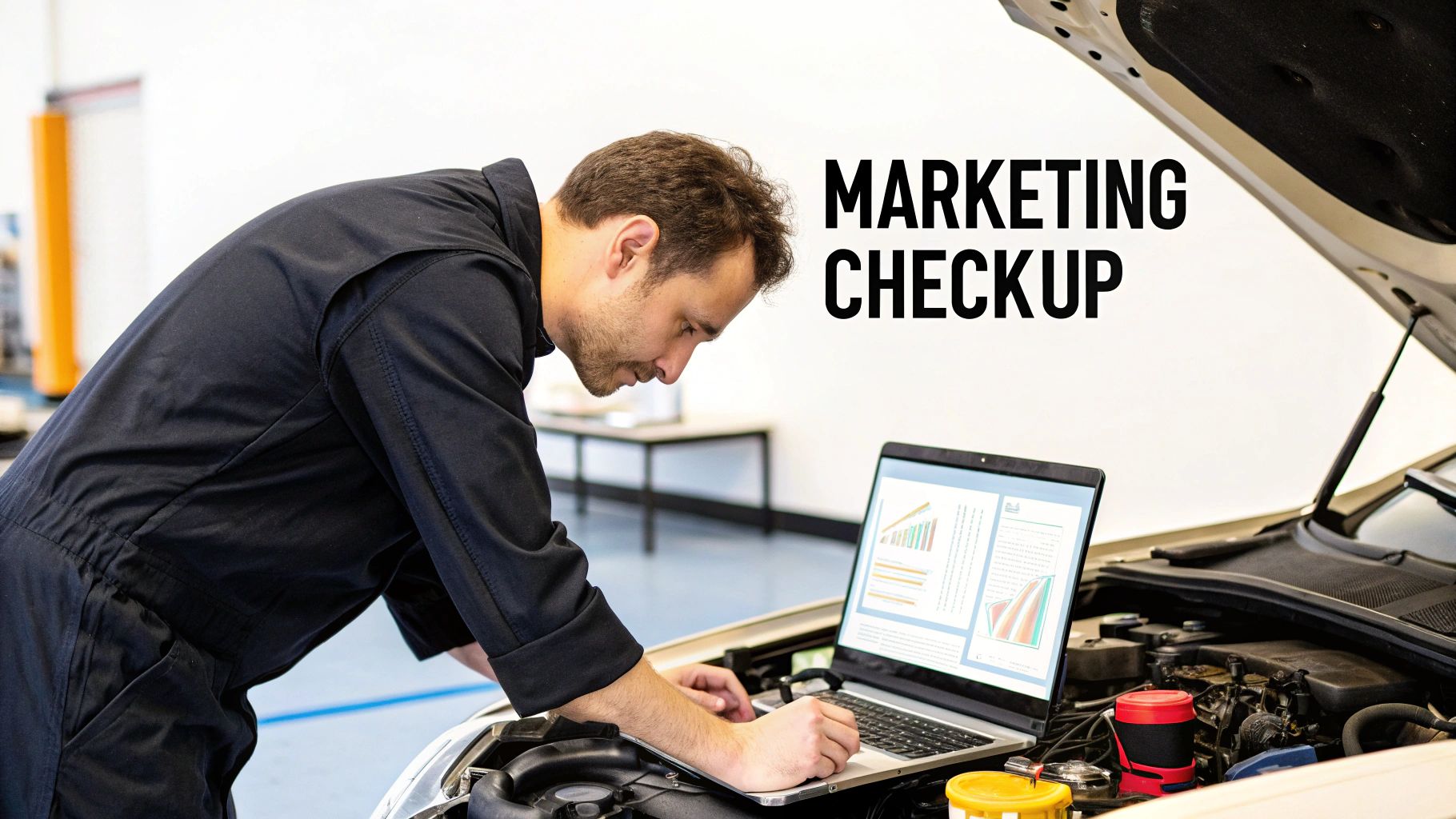 A man performs a marketing checkup on a car engine with a laptop showing analytics.