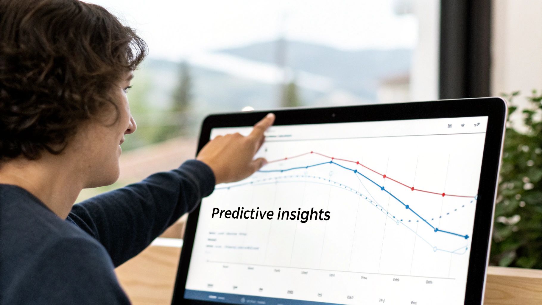 Person interacting with a computer screen showing graphs and 'Predictive insights' for data analysis.