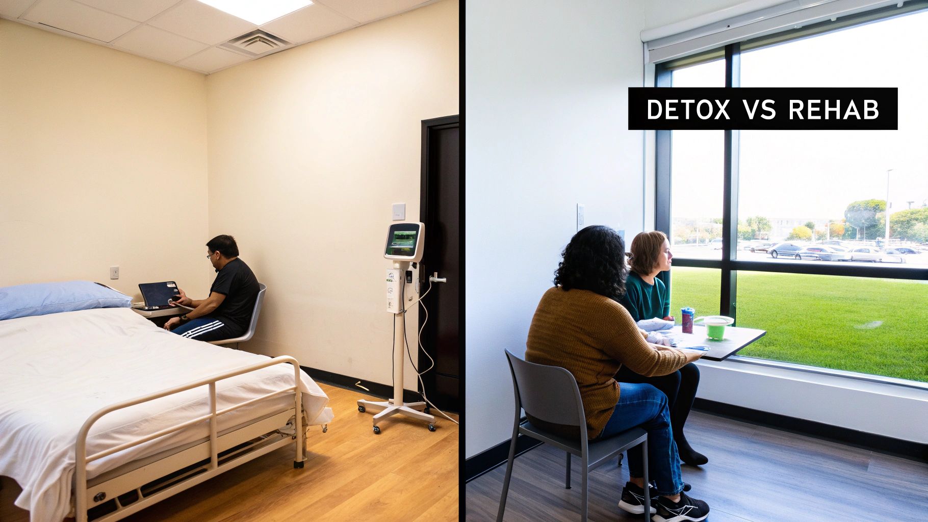 A split image shows a clinical detox room with a patient and a more comforting rehab setting with people.