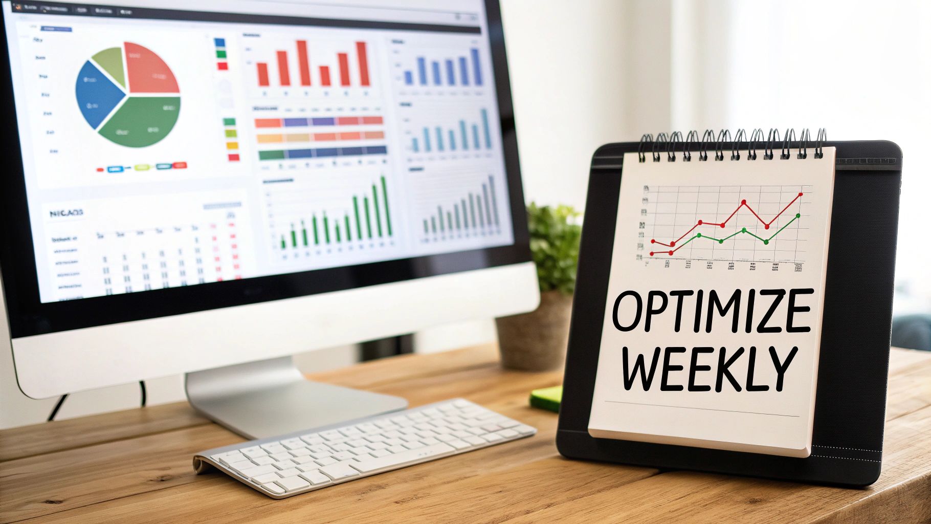 A desk with a computer displaying data dashboards and a notebook saying 'OPTIMIZE WEEKLY'.