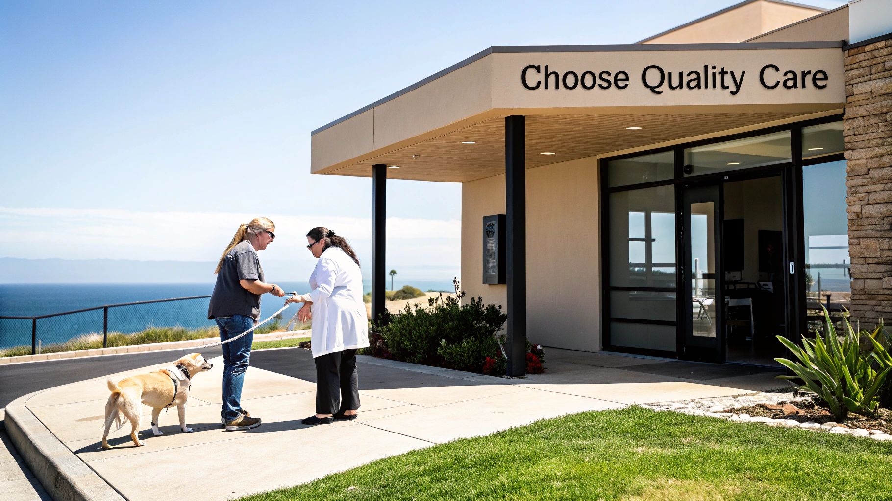 Two women, one in a lab coat, with a dog on a leash outside a care facility by the ocean.